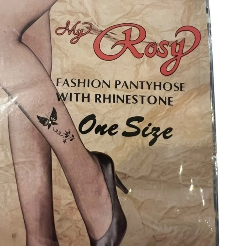 My Rosy Rhinestone Fashion Pantyhose Queen Size Floral Butterfly Black Sheer VTG